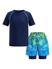 SHEIN 2件套儿童青少年男童休闲运动纯色圆领修身防晒衣和印花沙滩短裤泳衣套装，适合春夏季节和海滩度假。 - 藍色 - 查看 5