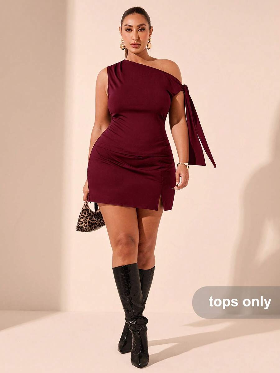 SHEIN BAE Plus Size Women Asymmetric Cold Shoulder Black Top, Suitable For Commute, Dates, Afternoon Tea