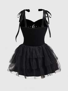 ROMWE Spring /Summer Gothic Rabbit, Plant, Butterfly, Thorn Jungle, Star & Moon Pattern Embroidered A-Line Multi-Layer Mesh Dress, Cropped Length Vintage Palace Style Embroidered Plus Size Dress - Black - View 2
