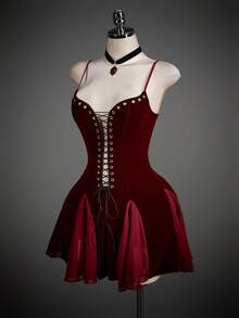 SHEIN ICON Y2k 女士酒红色派对哥特性感网纱拼接交叉绑带迷你吊带连衣裙，适合度假、生日、婚礼、情人节等场合，夏季约会之夜 - 酒紅色 - 查看 5