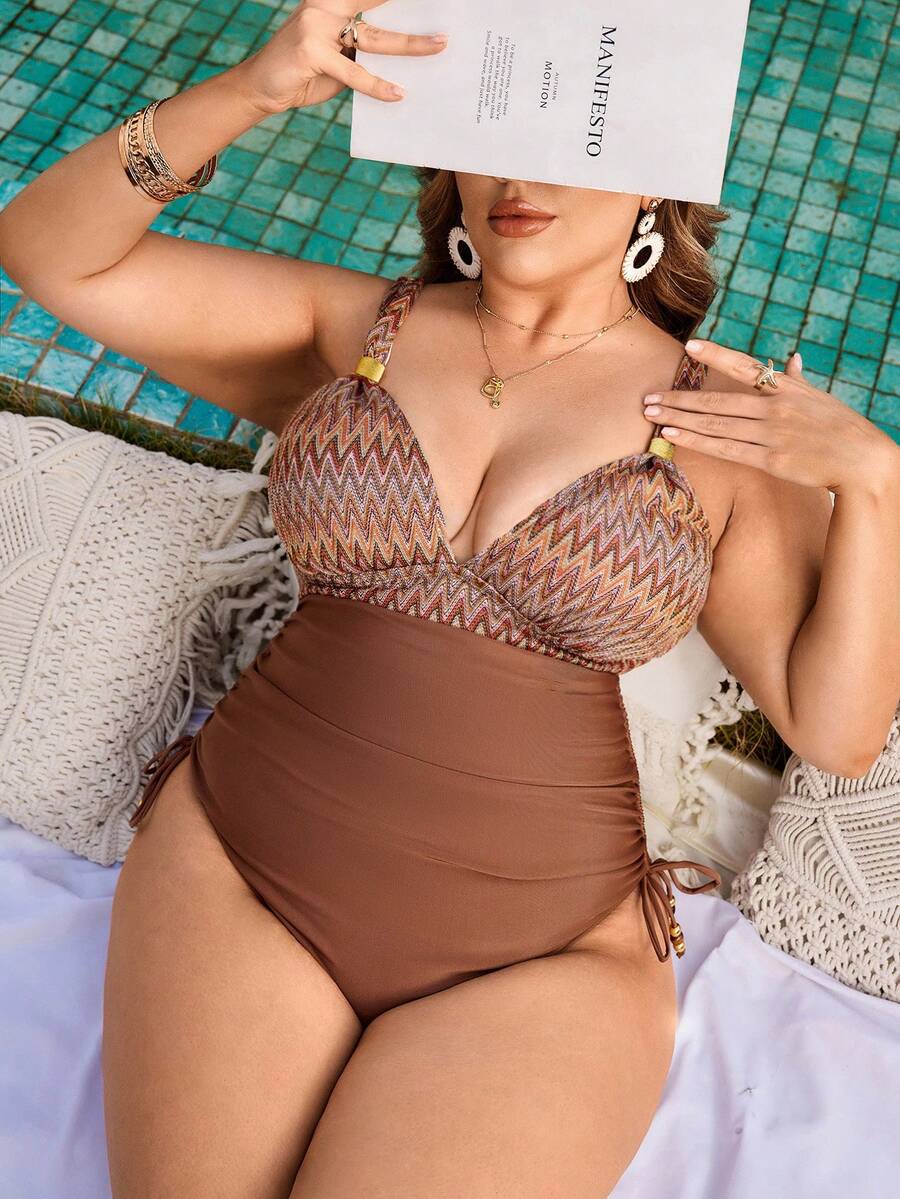 Swim Lushoire Plus Size Women's Sexy Deep V-Neck Ruched Waist Slimming One-Piece Swimsuit, For Pool & Beach - Multicolor - View 1