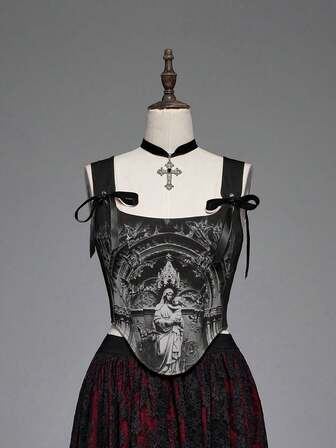 Goth Camiseta ajustada de estilo gótico medieval con estampado de iglesia y castillo, de color contrastante y con cordones de escote bajo