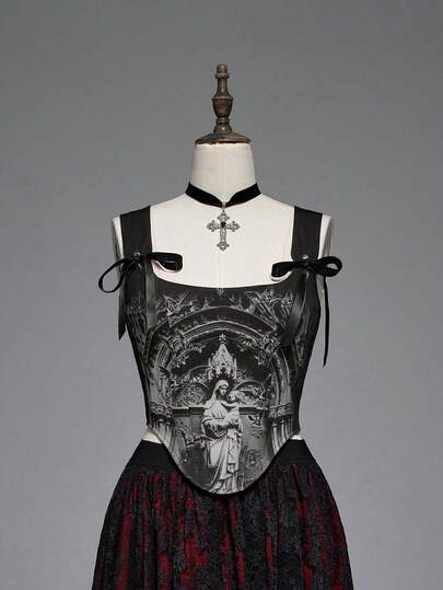 Goth Canotta aderente con lacci, stile gotico medievale, con stampa di chiese e , colori a contrasto