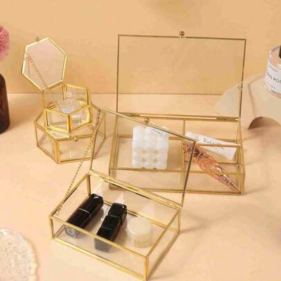 1个装豪华六角形金色玻璃戒指首饰收纳盒，大容量多戒指展示盒，适用于婚礼、订婚、情人节、生日、周年纪念、礼物、派对、庆典、旅行、梳妆台装饰、圣诞节、节日季首饰盒、礼品盒、戒指架