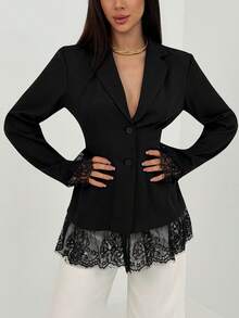 Aloruh Minimalist Commuting Office Lace Patchwork Deep V Neck Long Sleeve Blazer - Black - View 3