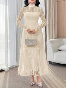 Modelyn Vestido de línea A de manga larga y encaje elegante para mujer - Albaricoque - Ver 6