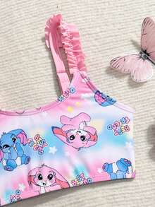 女童（小号）泳衣套装，彩色兔子印花图案，荷叶边肩带和带褶边的泳裤，适合度假，夏季时尚单品 - 彩色 - 查看 4