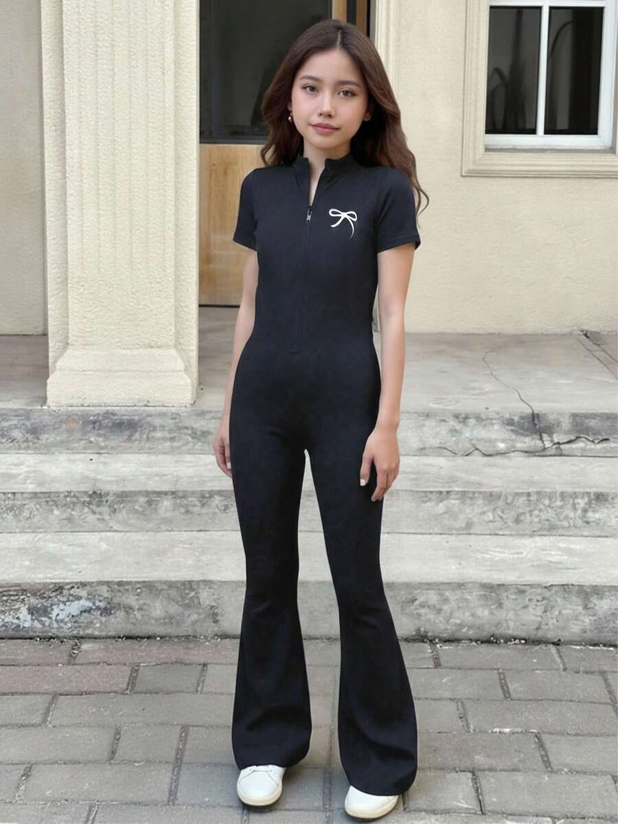 SHEIN Serisse Kids HEIN Tween Girls Zip Up Half Zip Unitard Black Romper Flared Jumpsuit,Back To School,Leisure Outing Summer Outfits - Black - View 1