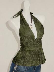 SHEIN ICON 女式花卉印花露背深 V 领收腰 A 字形露背吊带背心 - 軍綠色 - 查看 7