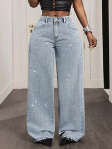 Slaydiva Women's Casual Fashion Rhinestone Embellished Loose Wide-Leg Jeans Rhinestone Denim Jeans Wide Leg Jeans Y2k Rhinestone Jeans Embellished Jeans - Blue - View 4
