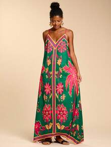 Travachic Women's Casual Green Floral Print Dress,Summer Boho Holiday Vacation Holiday Outfits,Mexican Style Elegant Beach Party Wedding Guest Birthday Dress - Multicolor - View 5