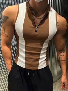 Manfinity Dauomo 男士无袖立领半拉链修身休闲撞色拼接紧身背心 - 彩色 - 查看 5