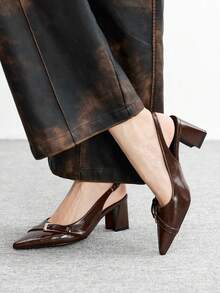 CUCCOO BIZCHIC New Pointed Toe Chunky Heel Pumps For Women, Bowknot Color Block Rivets Closed Toe Fashion High Heels Spring Shoes Spring Break Easter Valentine's Day - Rust Brown - View 3