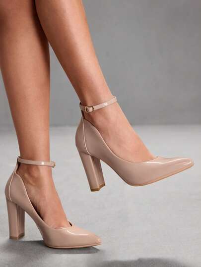 CUCCOO SZL 女士时尚裸色踝带粗跟尖头高跟鞋，适合工作、约会、派对、婚礼和度假等场合，春季鞋履，春假复活节鞋。