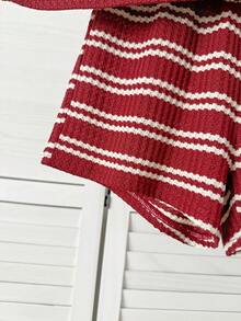 SHEIN Tween Girls Burgundy Striped Knit Tank Top Co-Ords Set Cute Round Neck Tank With Shorts 2pcs Summer Outfit - Burgundy - View 8