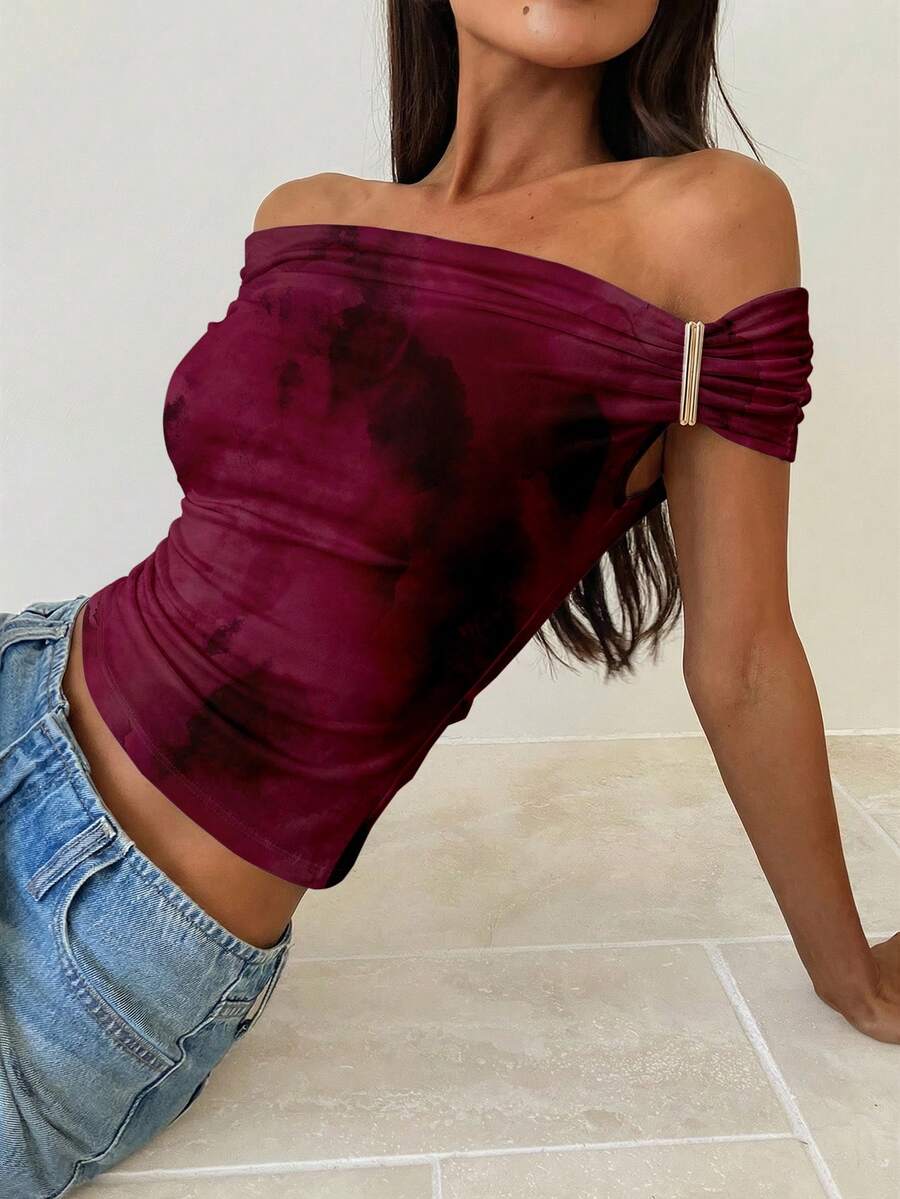 Aloruh Elegant Wine Red Textured Tie-Dye Print Irregular Shoulder Knit T-Shirt, Back To School Top, Wine Red Blouse - White - View 1
