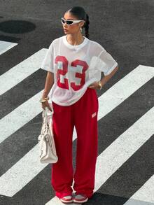 Muchica 女士宽松网眼镂空T恤和裤子套装，春夏款 - 紅白色 - 查看 3