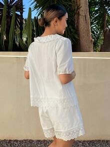 DAZY 甜美刺绣荷叶边泡泡袖女士睡衣套装