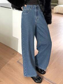 DAZY Quần jeans ống rộng cạp cao lót giữ nhiệt, màu đen, dáng suông dành cho nữ, thích hợp cho mùa thu/đông. - Rửa trung bình - Xem 4