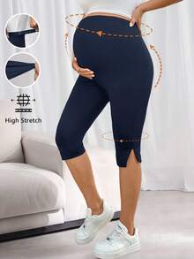 SHEIN Maternity Women's Casual Solid Color High Elasticity Adjustable Waist Leggings - Navy Blue - View 3