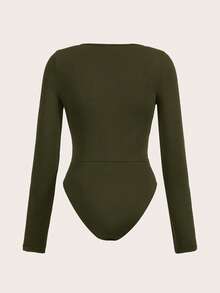 Slaydiva Women's Fashion Solid Color V-Neck Ruched Long Sleeve Bodysuit - Army Green - View 2