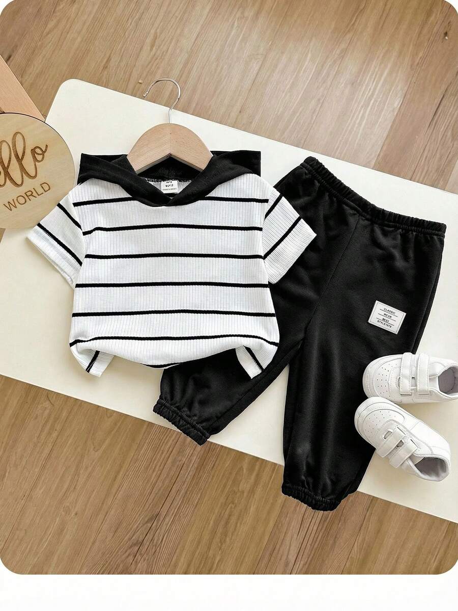 2pcs Baby/Toddler Striped Hoodie Sleeveless Top And Jogger Pants Set, Casual Outfit For Spring/Autumn - Black - View 1