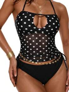 Oceva Women's White With Black Polka Dots Swimwear Two Pieces Sets,High Waist Bikini,Summer 90s Camisole Tank Top For Holiday,Beach Party,Boho Vacation Tops - Black and White - View 10