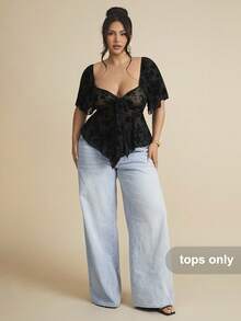 SHEIN BAE Áo cánh tay bèo ren cổ vuông phong cách Gothic cỡ lớn - màu đen - Xem 2