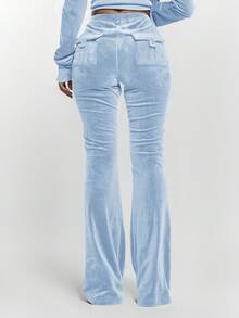MUSERA Drawstring Tie Ruched Front Low Waist Velour Skinny Fitted Flare Trousers Bottoms Only Sexy Going Out Night Out Winter Cute Streetwear Pants - Baby Blue - View 4