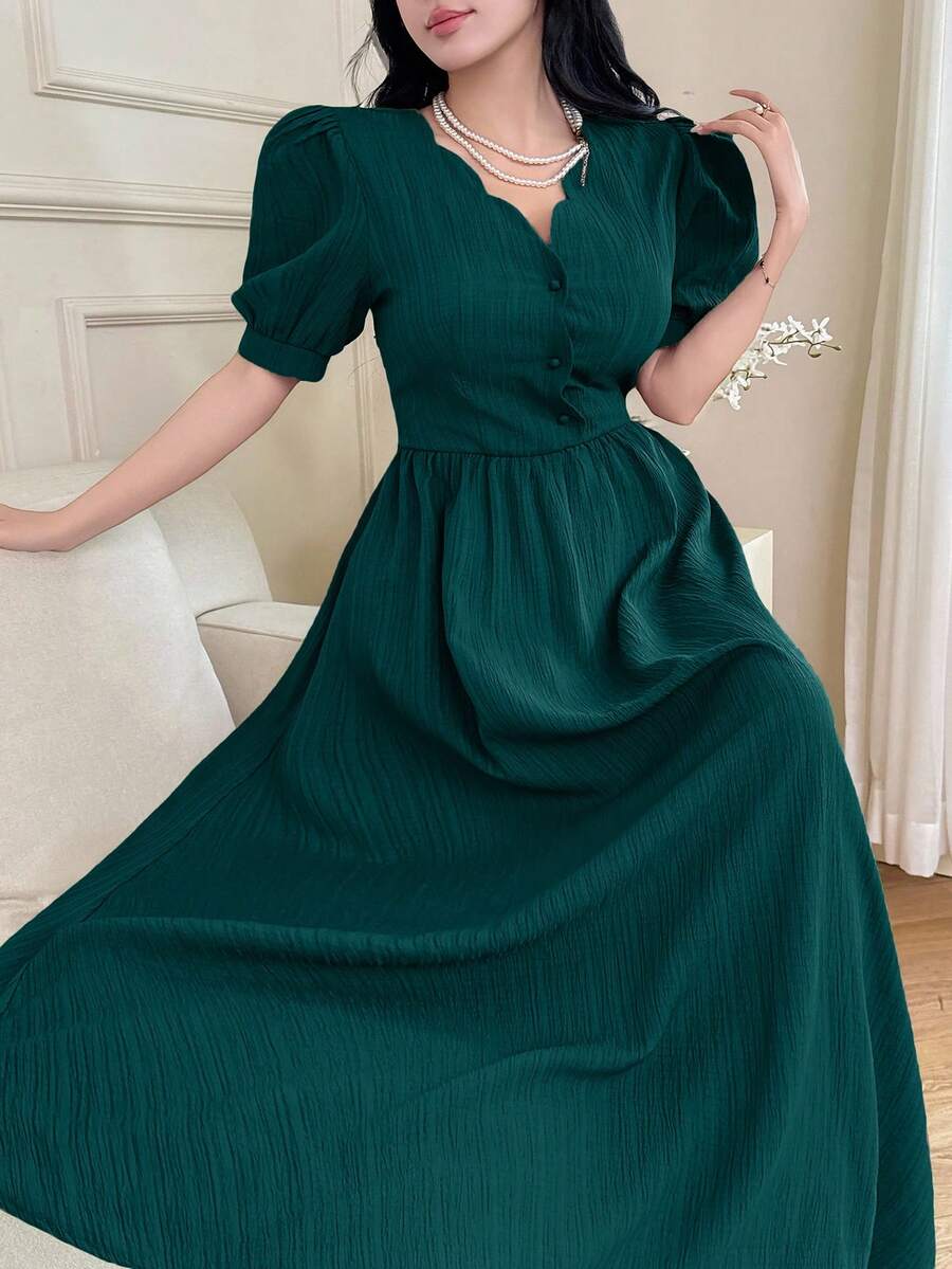 Feyla Women's Solid Color V-Neck Ruffle Sleeve Elegant Long Dress