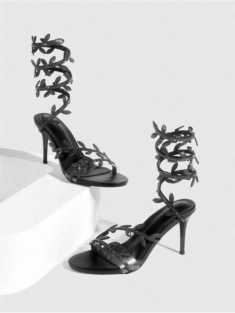 CUCCOO SZL Women's Pointed Toe Floral Rhinestone Embellished Elegant High Heel Sandals Valentine's Day