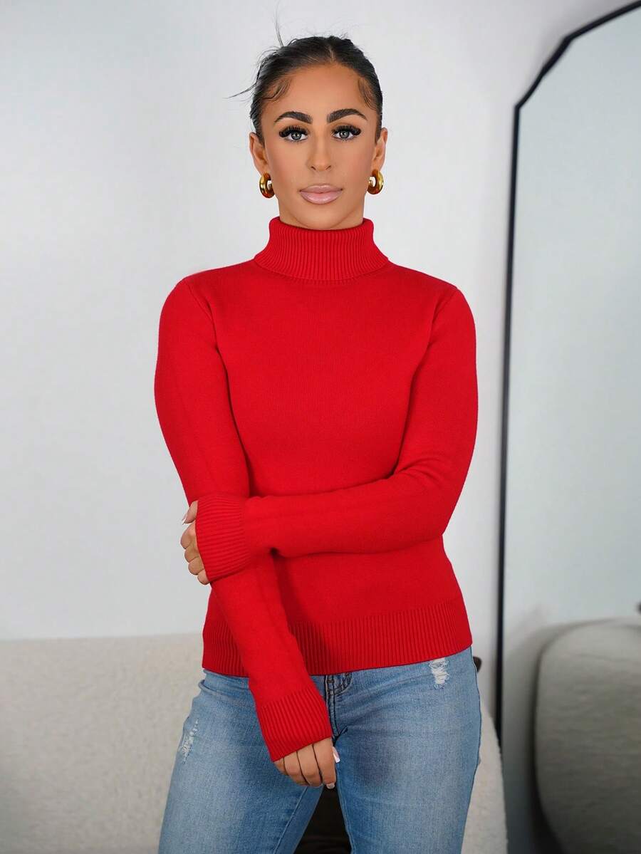 SAYEHFBABY Women Casual Solid Color High Collar Fleece Sweater For Winter For New Year Clothes,Long Sleeve Tops Knit Pullover Fall Outfit - Red - View 1