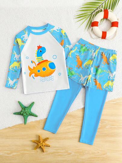 SHEIN Traje de baño para niños pequeños, traje de baño de dos piezas para vacaciones en la playa, traje de baño con estampado de dinosaurios de dibujos animados de manga larga y pantalones largos para niños, adecuado para nadar de vacaciones en primavera y verano