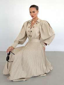 Siren Gaze Women's Plain A-Line Maxi Dress With Pleated Hem And Regular Extra-Long Sleeves In Apricot - Apricot - View 4