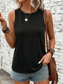 SHEIN LUNE Women's Casual Comfortable Sleeveless Round Neck Tank Top Spring - Black - View 2