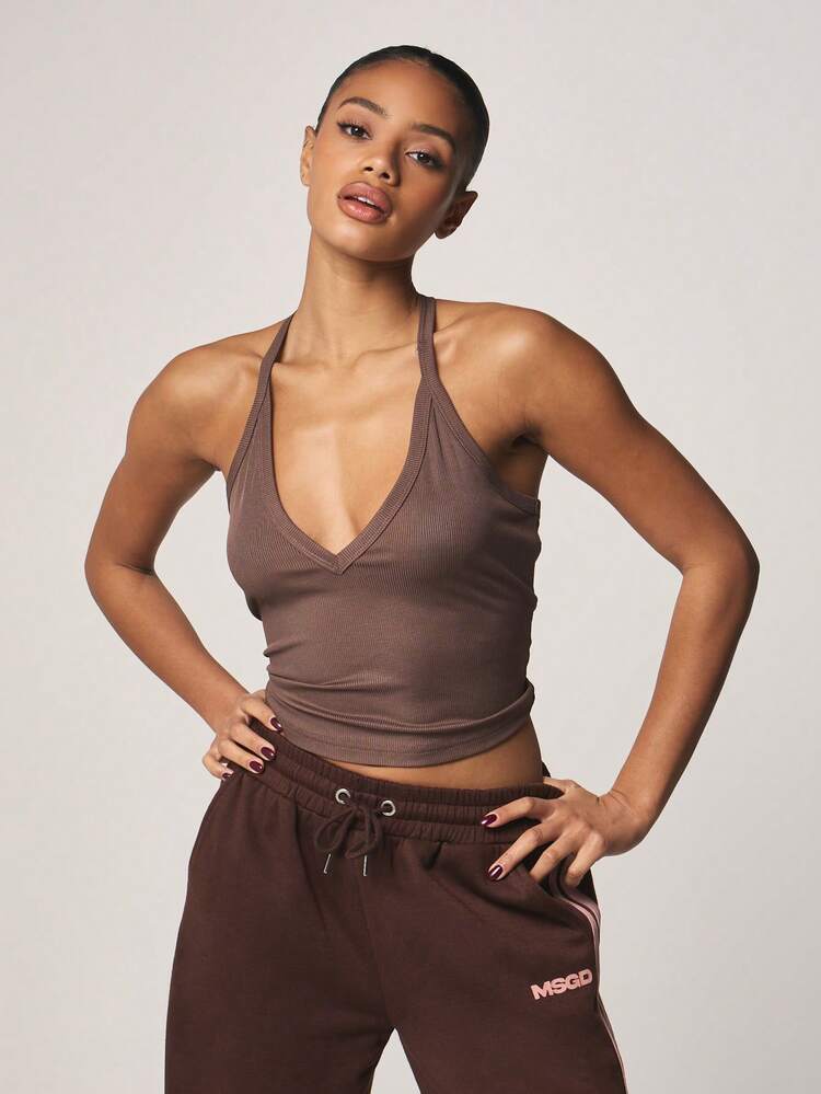 MISSGUIDED Ribbed Halter Neck Camisole Top With Deep V Neckline And Form Fitting Silhouette For Casual Summer Outfits