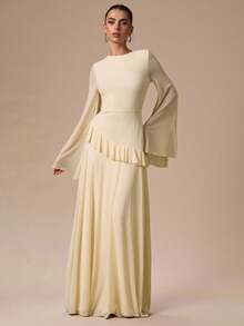 SHEIN BAE Autumn/Winter Solid Color Cream Yellow Slim Fit Long Sleeve Ruffle Hem Maxi Dress, Suitable For Cocktail Party, Romantic Date, Gathering, Formal Event, Bridesmaid Dress, Elegant Dress, Halloween Dress, Christmas Dress, New Year, Valentine's Day - Light Yellow - View 6