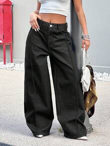 Loose Baggy Raw Denim Woman Low Waist Jean - Dark Grey - View 1