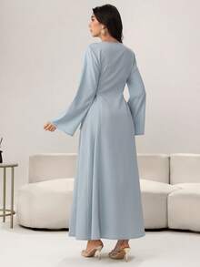 Yasmyna 刺绣串珠腰部喇叭下摆阿拉伯风格女式连衣裙 - 藍色 - 查看 6