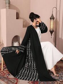 Al Najma Elegant Open Front Abaya With Heavy Golden Embroidery, For /Arabic Formal Occasions - Black - View 1