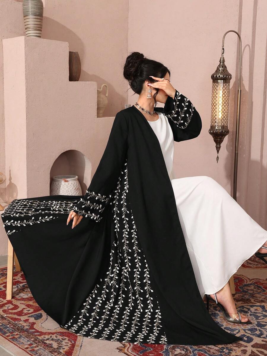 Al Najma Elegant Open Front Abaya With Heavy Golden Embroidery, For /Arabic Formal Occasions - Black - View 1