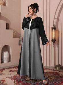 Al Najma 镂空蕾丝拼接阿巴雅开衫，撞色设计，优雅阿拉伯长袍，适合正式场合 - 灰色 - 查看 3