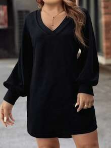 EMERY ROSE Women's Autumn/Winter New Arrival V-Neck Casual Versatile Minimalist Plus Size Dress - Black - View 3