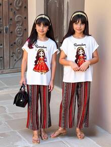 Tween Girls Casual Vacation Loose Fit Cartoon Girl Print Knit T-Shirt & Striped Print Pants Set, Spring/Summer - Burgundy - View 1