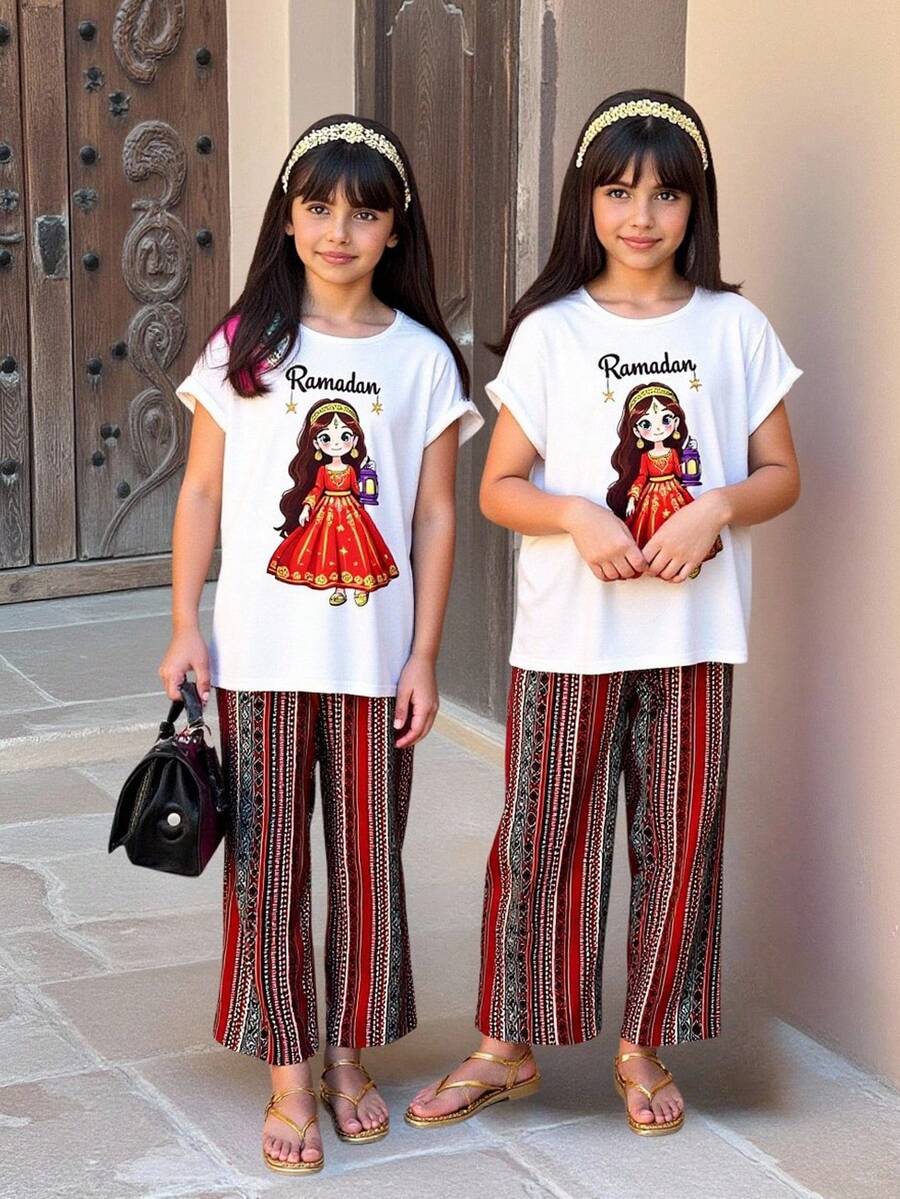 Tween Girls Casual Vacation Loose Fit Cartoon Girl Print Knit T-Shirt & Striped Print Pants Set, Spring/Summer - Burgundy - View 1