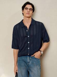 RONVEXI Men's Casual Solid Color Front Button Short Sleeve Hollow Knit Top, Summer Men Linen Shirts Men S Textured Shirt Men Buttoned Knitted Polo Open Knit Shirt Men Men Crochet Shirt