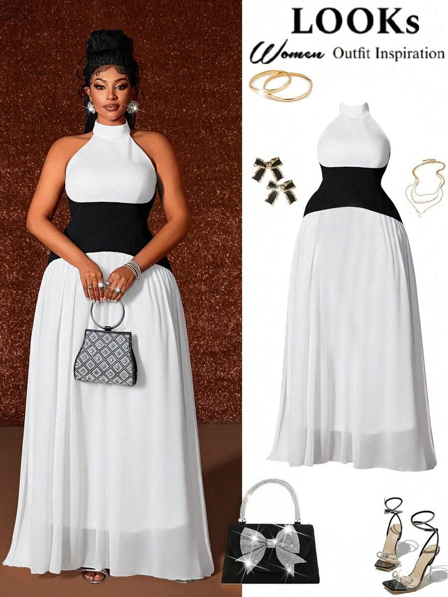 Maweii Plus Size Women's Black And White Autumn Elegant Formal Round Neck Contrast Color Block Flared Hem Mushroom Button Dress For Commute,Casual Outings - Black and White - View 1