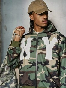 PAVTROS Conjunto de chaqueta con capucha con cremallera y estampado de letras de camuflaje y pantalones largos con cordón en la cintura, estilo casual y urbano para hombre, primavera/otoño - Verde militar - Ver 8