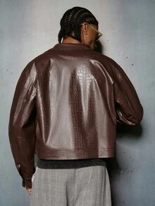 PAVTROS Men's Fashion Casual Street Zipper Front Crocodile Embossed Leather Jacket - Brown - View 2