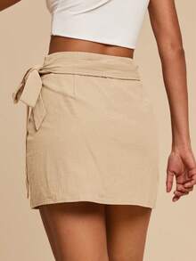 Travachic Chân váy nữ màu trơn dệt kim dáng rộng, có dây rút, thích hợp cho kỳ nghỉ, du lịch biển, mùa hè. - Màu Khaki - Xem 3